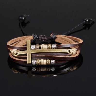 Ethnic Style Handmade Braided Leather Bracelet Bronze Cross Leather Bracelet