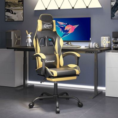 Gaming-Stuhl mit Fußstütze Schwarz und Golden Kunstleder (Farbe: Schwarz)