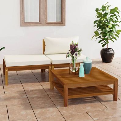 3-tlg. Garten-Lounge-Set mit Cremeweißen Kissen Akazienholz (Farbe: Weiß)