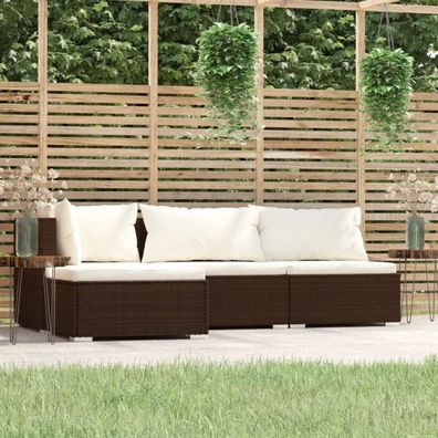 4-tlg. Garten-Lounge-Set mit Auflagen Braun Poly Rattan (Farbe: Braun)