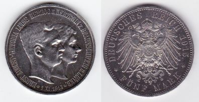 5 Mark Silber Münze Braunschweig Hochzeit 1915 A (119056)