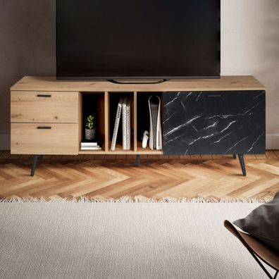 Wohnling Lowboard 150 cm TV Schrank Fernsehtisch Fernsehschrank Marmor Schwarz