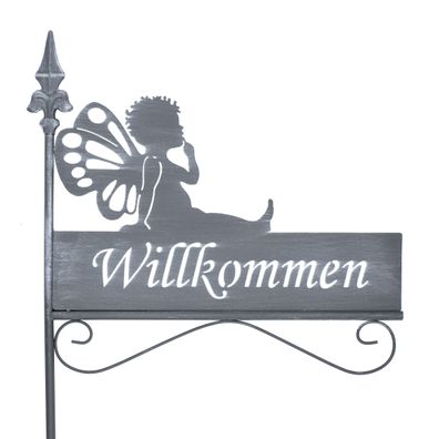 Metall Gartenschild grau 128 x 42 cm - Willkommen - Garten Stab Deko Stecker