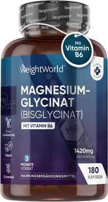 Magnesium Glycinat Kapseln mit Vitamin B6-180 vegane Kapseln - 1420mg Magnesiumbisgly