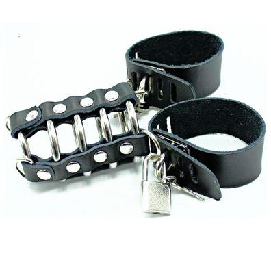 OHMAMA FETISH Leather STRAP METAL RING COCK CAGE WITH BALL Divider