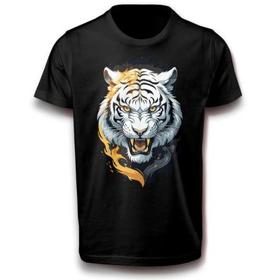 Tiger Kopf im Flammen Feuer Großkatze Raubkatze Katze T-Shirt 152 - 3XL Baumwolle
