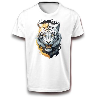 Tiger Kopf im Flammen Feuer Großkatze Raubkatze Katze T-Shirt weiß 152-3XL Baumwolle