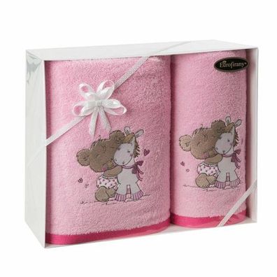 Geschenkset Handtücher Handtuch Badetuch für Kinder Rosa Pony Teddy 100% Baumwolle