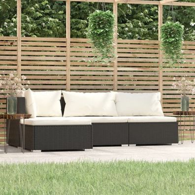 4-tlg. Garten-Lounge-Set mit Auflagen Schwarz Poly Rattan (Farbe: Schwarz)