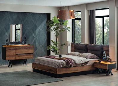 Moderne Holz Schlafzimmer Garnitur Designer Doppelbett Nachtkonsole 5tlg