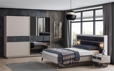 Graue Schlafzimmer Möbel Designer Bett 2x Nachttische Holz Schrank 4tlg