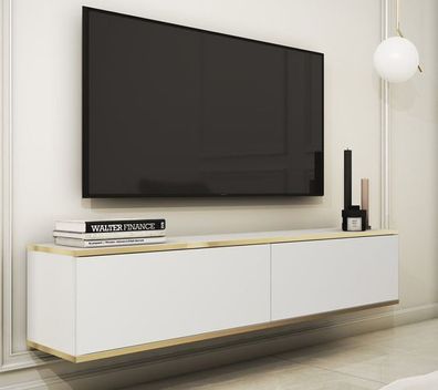 BETTSO TV-Lowboard TV-Schrank mit 2 Türen ORO 135 cm Glattefronten Weiß mit Gold