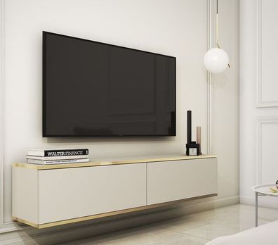 BETTSO TV-Schrank TV-Kommode 2 Türen ORO 135 cm Glattefronten Beige mit Gold