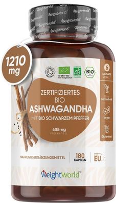 Ashwagandha Kapseln Hochdosiert 1210mg (2 Kapseln) - Withania Somnifera - 180 Indisch