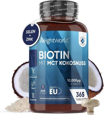 Biotin (10.000 mcg) mit MCT Kokosnuss, Zink & Selen für Haar Haut & Nägel - 1 Jahr