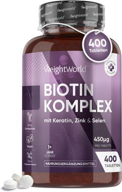 Biotin Complex with Keratin, Selenium, Zinc - 400 Vegan Tablets - 1+ Year Supply