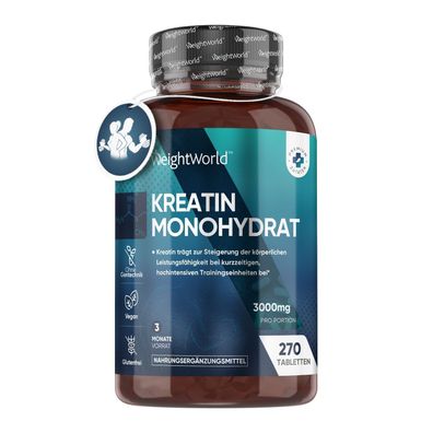 Creatin Monohydrat 3000mg - 270 vegane Kreatin Tabletten für 3 Monate Vorrat