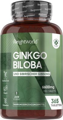 Ginkgo Biloba 6000mg & Sibirischer Ginseng 600mg - 365 vegane Tabletten für 1 Jahr