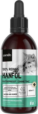 Hanföl für Hunde & Katzen - kaltgepresstes Hanfsamenöl, Omega 3, 6 & 9-60 ml reines,