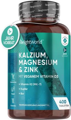 Kalzium, Magnesium, Zink - 400 vegane Tabletten mit Vitamin D3, K2, Selen, Mangan.