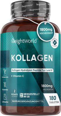 Kollagen Tabletten - Typ 1 & 3 mit Vitamin C - 1800mg Hydrolysierte Collagen Peptide