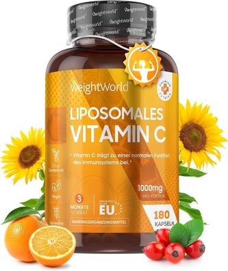 Liposomales Vitamin C - Täglich 1000mg Vitamin C - 180 vegane Kapseln mit Hagebutte