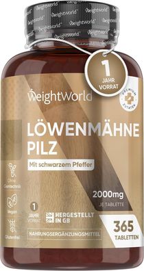 Löwenmähne Pilz 365 Tabletten - Lions Mane Mushroom (Hericium Erinaceus) -WeightWorld