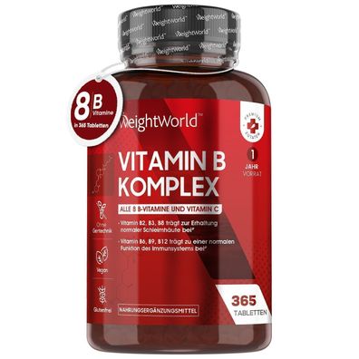 Vitamin B Komplex - 365 Vegane Tabletten mit 8 B Vitamine - B1 B2 B3 B5 B6 B9 B12