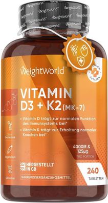 Vitamin D3 + K2 4000 I.E. Tabletten - 240 Stück mit 125?g Vitamin K2 Menachinon