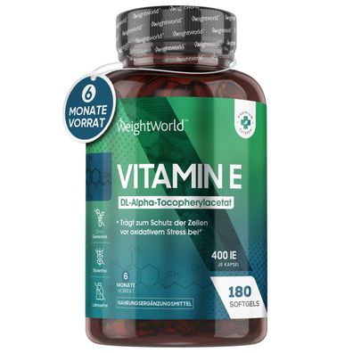 Vitamin E - 180 Weichkapseln 400 IE - 360 Vitamine Softgels - 12 Monate Vorrat