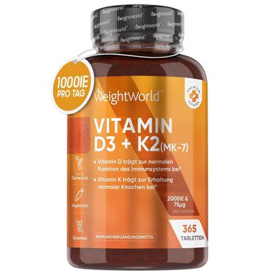 WeightWorld - Vitamin D3 K2 2000 IE - 2 Jahr Vorrat - 365 Tabletten mit 200mcg