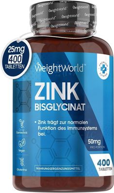 Zink 25mg - 400 Vegane Tabletten - Zink Bisglycinat - Höchste Bioverfügbarkeit