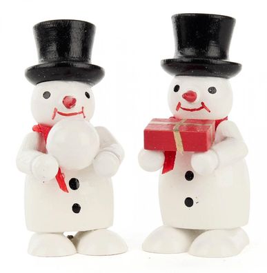 Miniatur Schneemänner mit Geschenk und Schneeball, farbig (2) H=5,5cm NEU Holz