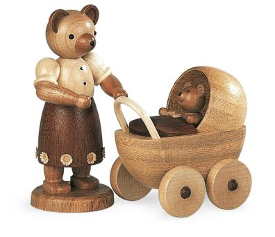Bärensammelfigur Bärenmutter mit Kinderwagen natur klein Höhe 10 cm NEU Bär Holz