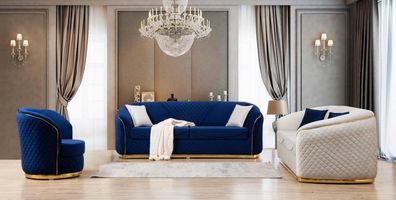 Sofagarnitur 3 + 3 + 1 Sitzer Garnitur Sofa Sessel Stoff Polster Design Sitz Blau