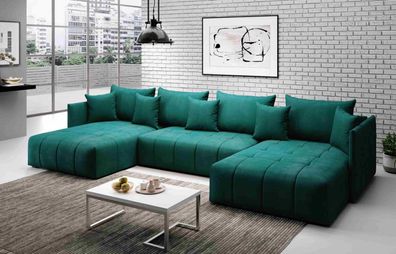 FURNIX U-Form-Sofa ADILY Wohnzimmersofa mit Schlaffunktion und Bettkasten Grün MH37