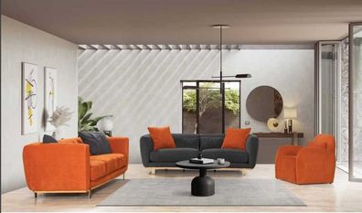 Moderne Orange-Braune Sofagarnitur 4 + 3 + 1 Sitzer Textil Sofas Luxus Couch