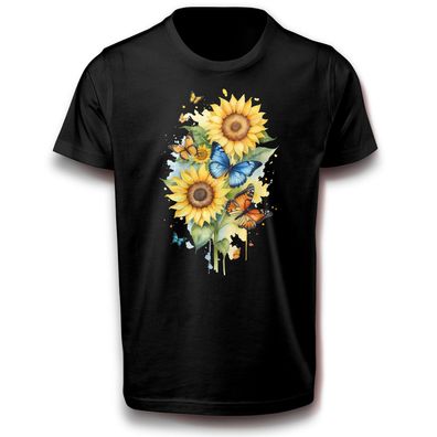 Sonnenblume mit Schmetterling Schmetterlinge Natur Blumen Bunt Fun T-Shirt 152 - 3XL