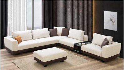 Luxus Beiges Ecksofa L-Form Couch Holzgestell Textil Wohnzimmer Möbel
