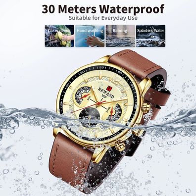Mens Wristwatches Leather Strap Waterproof Sport Wrist Watch for Man Chronograph