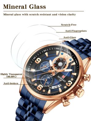 Quartz Watches for Men Waterproof Sport Wristwatch Stainless Steel Chronograph