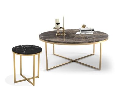 Luxus Runder Couchtisch Mit Beistelltisch Designer Edelstahl Tisch Set