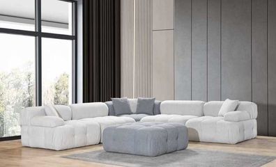 Wohnzimmer L-Form Weißes Sofa Ecksofa Moderne Couch + Hocker Luxus Möbel