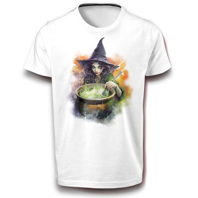 Frau Hexe mit einem Feuertopf Zauber Okkulte Magie Fun T-Shirt 152 - 3XL Baumwolle