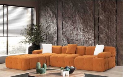 Oranges L-Form Sofa Wohnzimmer Luxus Couch Ecksofa Holz Textil Möbel