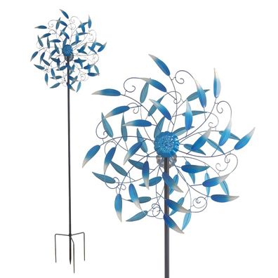 Windrad mit 2 gegenläufigen Rotoren "Blue Leaves", blau, Gartendeko, 213 cm hoch