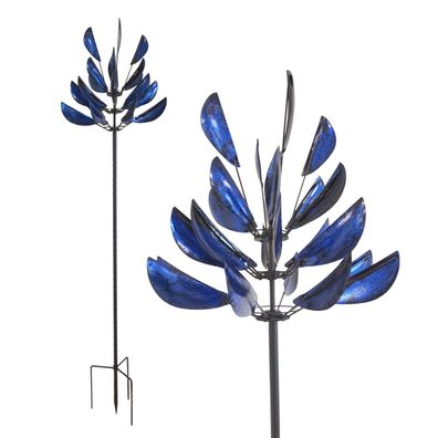 Großes Windspiel aus Metall mit zwei gegenläufigen Rotoren, blau, Gartendeko, 213 cm
