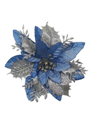 24 Stück Weihnachtsblumen künstlich Blau mit Glitzer, Weihnachtsdeko, DIY Kranz