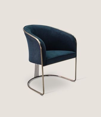 Blauer Edelstahl Sessel Luxus Einsitzer Polster Stuhl mit Armlehnen Lehnstuhl