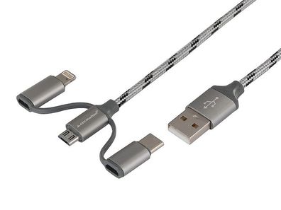 Lade- und Synchronisierungskabel 120 cm, 3in1: USB > Micro-USB + Lightning + USB-C